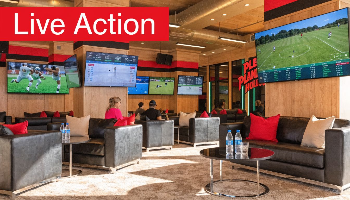 A modern sportsbook lounge at Planet Hollywood with multiple large screens showing live sporting events and odds.