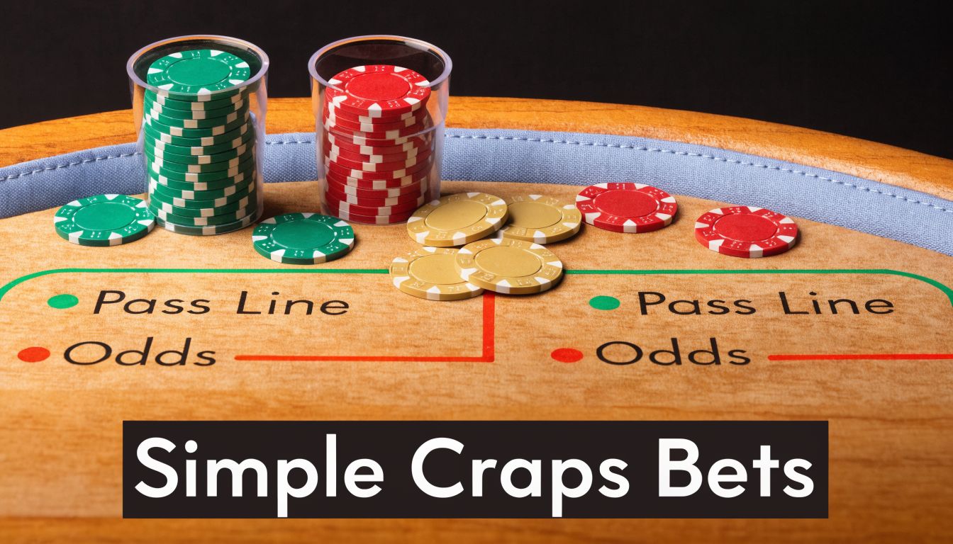A close-up of a wooden craps table layout with stacks of colorful poker chips used for gambling.