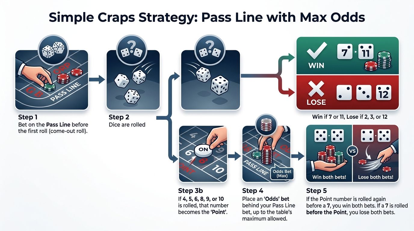 An infographic showing a step-by-step guide on how to play the Pass Line strategy in Craps.