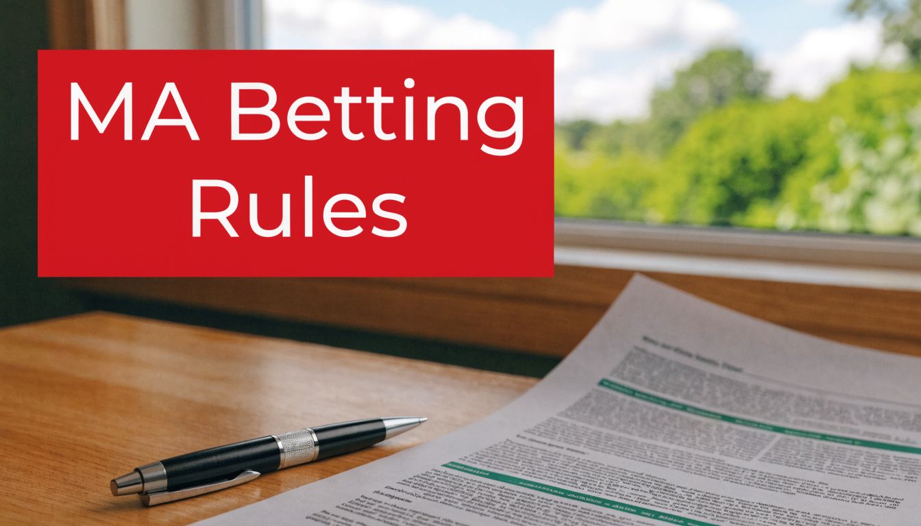 A close-up view of a pen and a document detailing Massachusetts sports betting rules on a desk.