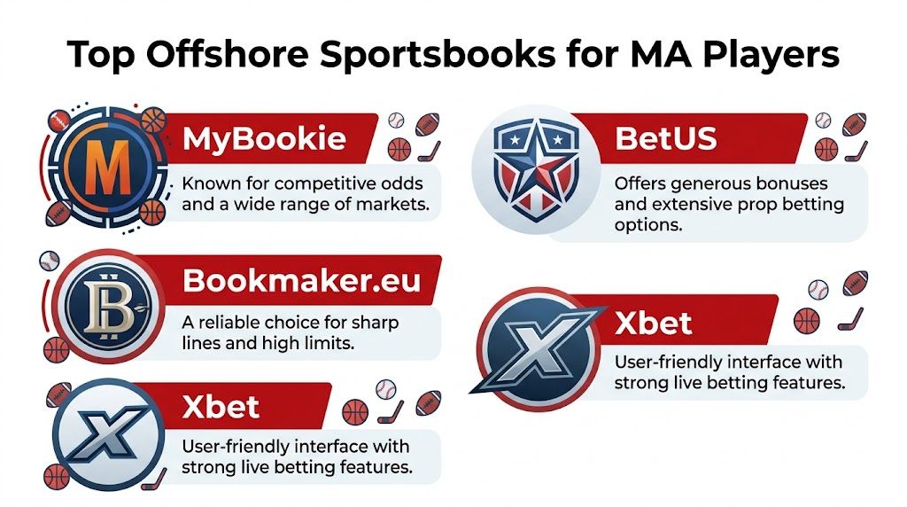 A list of top offshore sportsbooks for Massachusetts players including MyBookie, BetUS, Bookmaker.eu, and Xbet.
