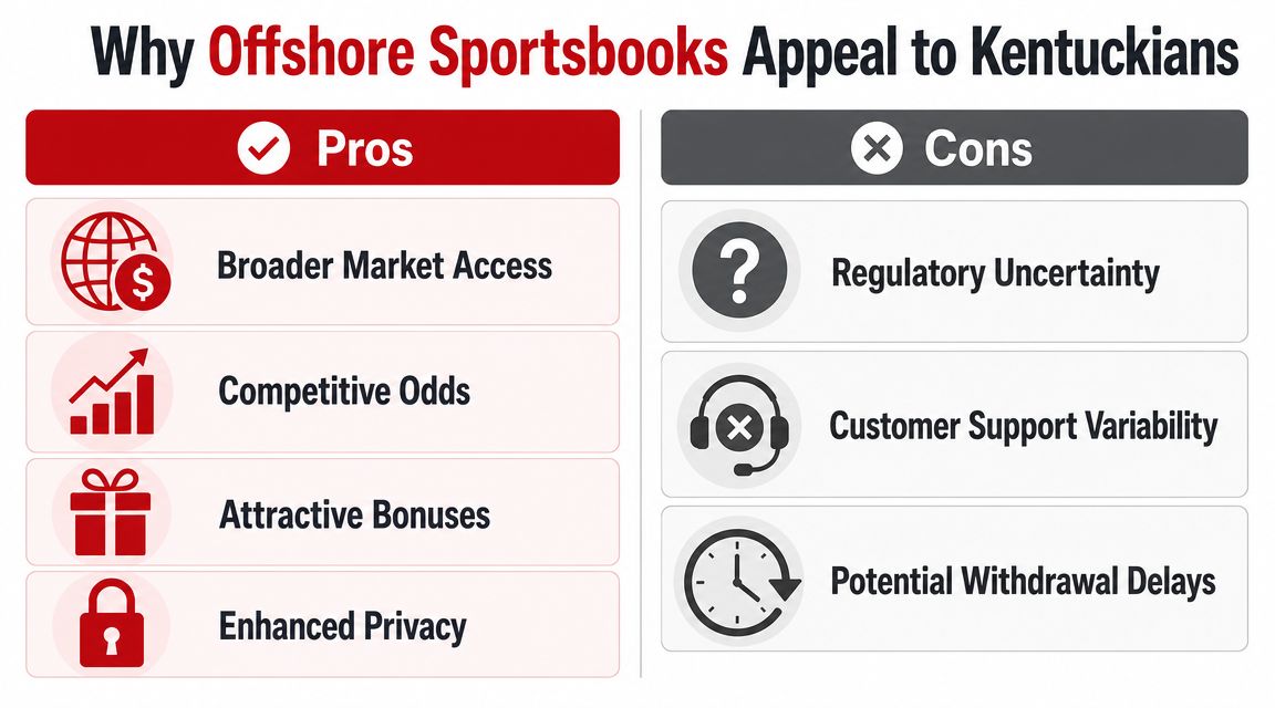 Best Sports Betting Kentucky Sites: Guide 2026 1 A comparison chart highlighting the pros and cons of using offshore sportsbooks for bettors in Kentucky.