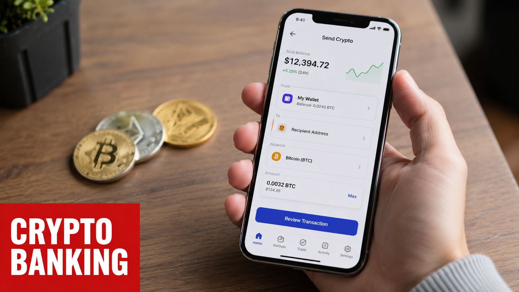 A hand holds a smartphone showing a crypto wallet app with a transaction screen for Bitcoin.