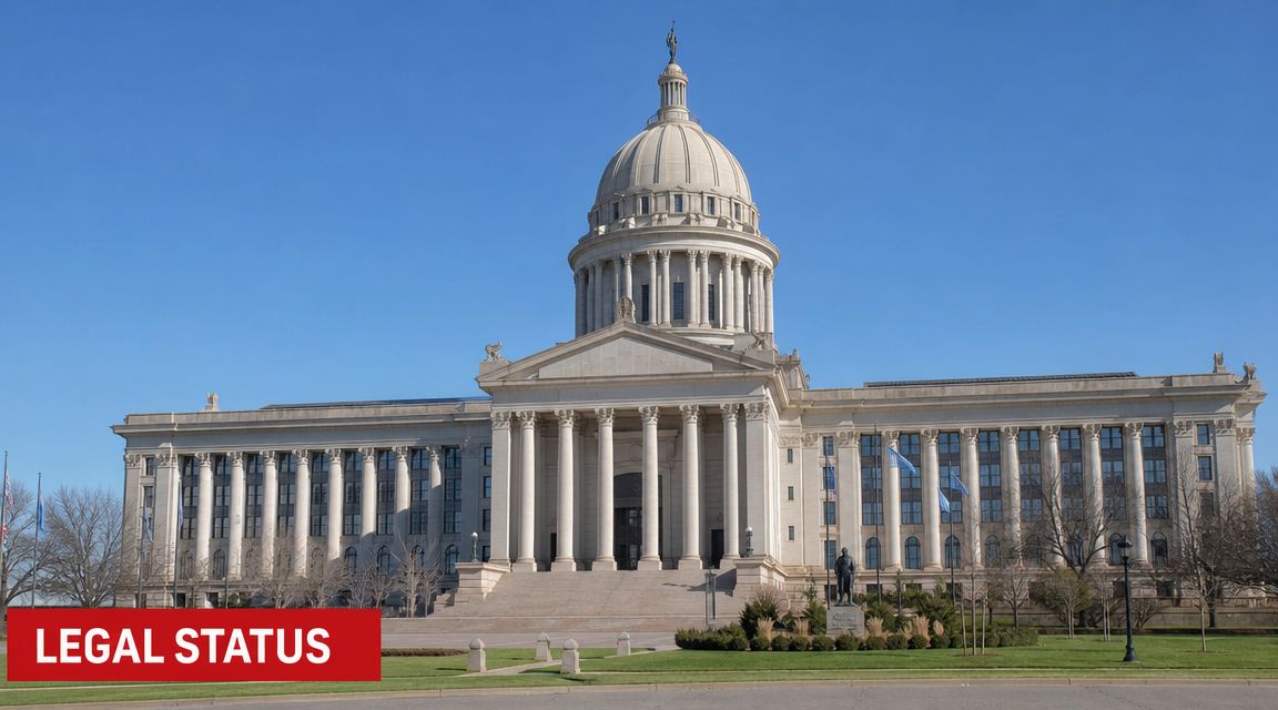 The Oklahoma State Capitol building in Oklahoma City against a clear blue sky on a sunny day.