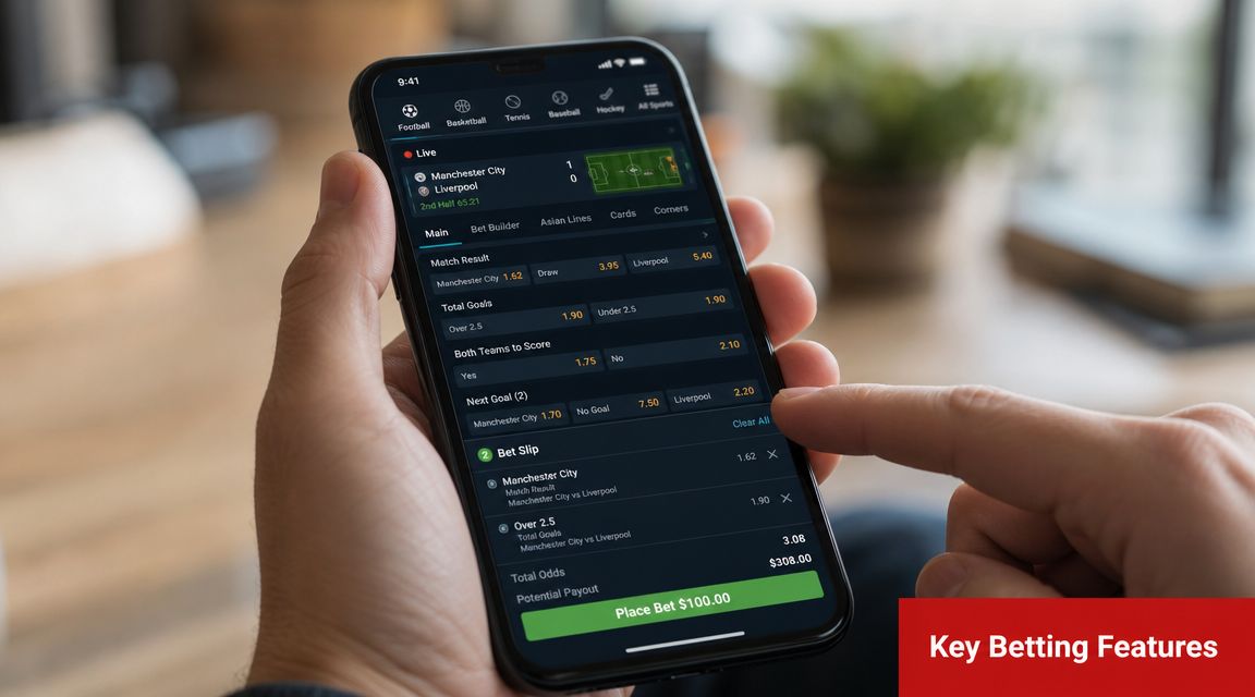 A close-up shot of a hand holding a smartphone showing a live sports betting app interface.