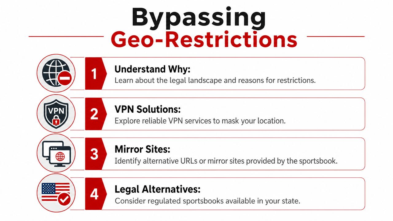 Sportsbetting AG Login: A 2026 Access Guide 3 A four-step infographic illustrating methods for bypassing geo-restrictions for online platforms, including VPNs and mirror sites.
