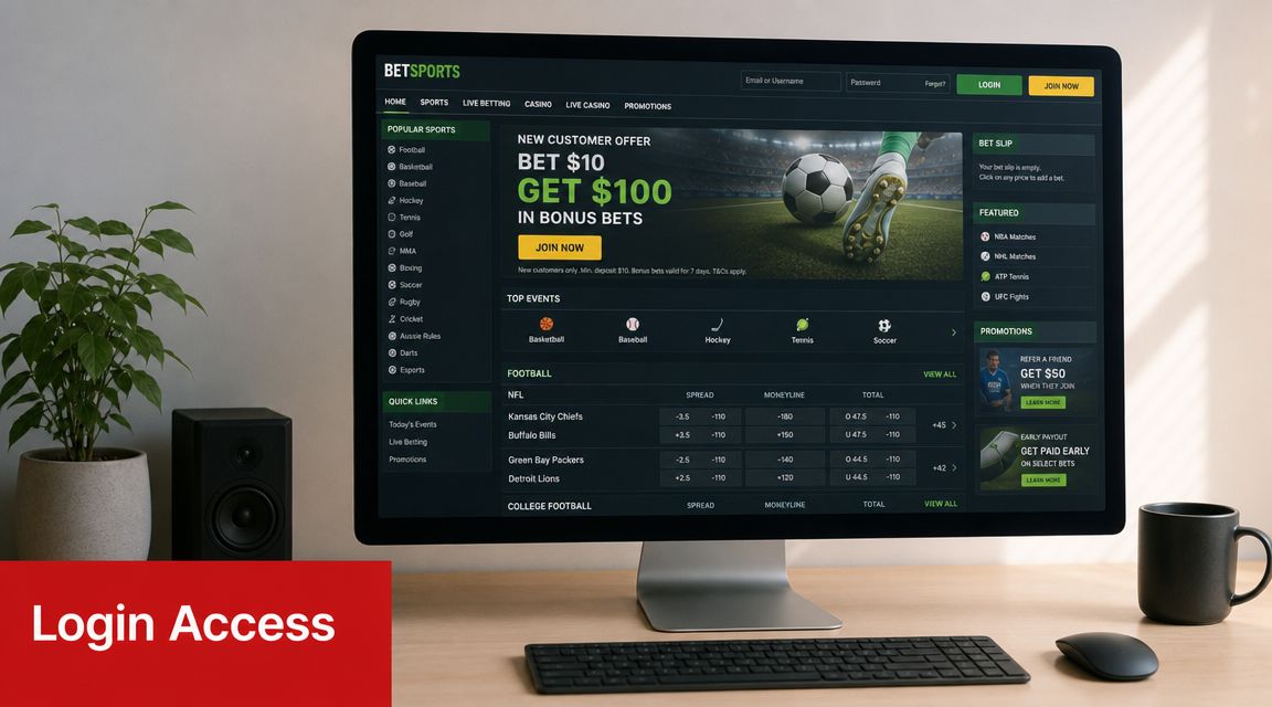 Sportsbetting AG Login: A 2026 Access Guide 1 Computer monitor displaying a BETSPORTS website interface featuring sports betting odds, login fields, and promotional banners.