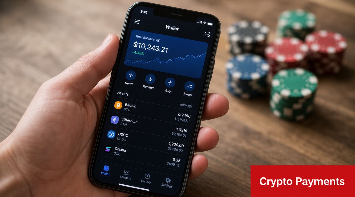 A hand holds a smartphone displaying a crypto wallet app with digital asset balances against casino chips.