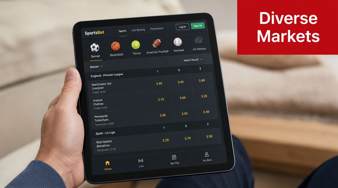 A person holding a tablet showing a sports betting app interface with various soccer matches and odds.
