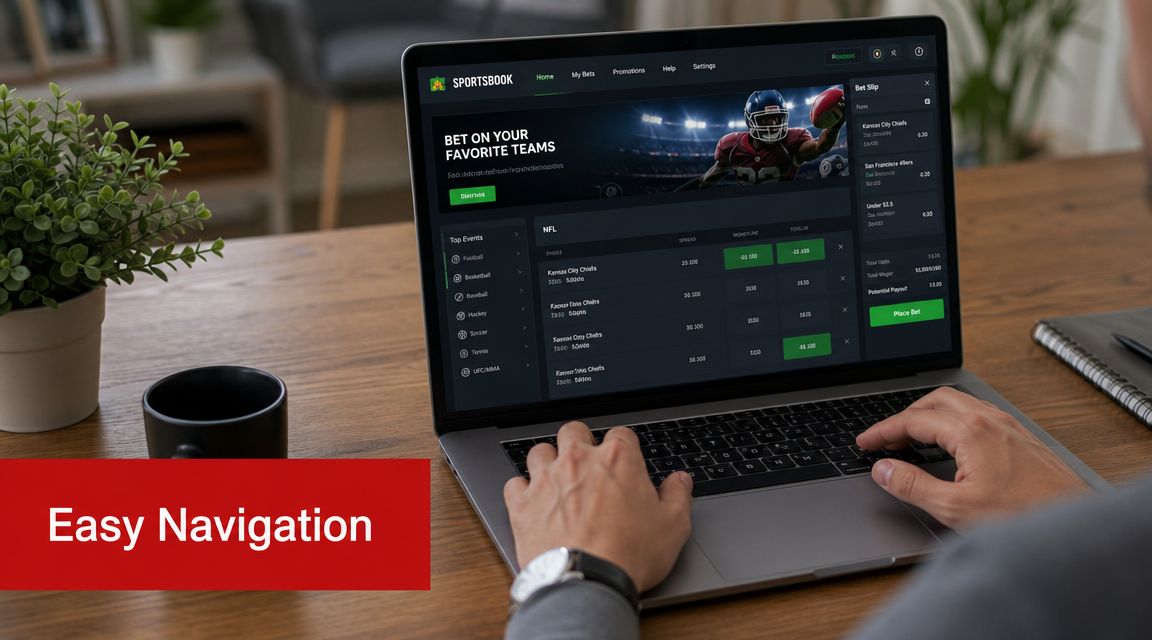 A person using a laptop to place sports bets on a professional online betting website interface.