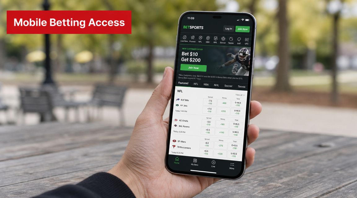A person holding a smartphone showing an NFL sports betting mobile application interface in an outdoor setting.