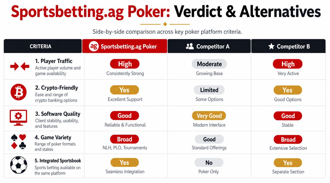 A comparison table evaluating Sportsbetting.ag Poker against two other competitors across five key gaming criteria.
