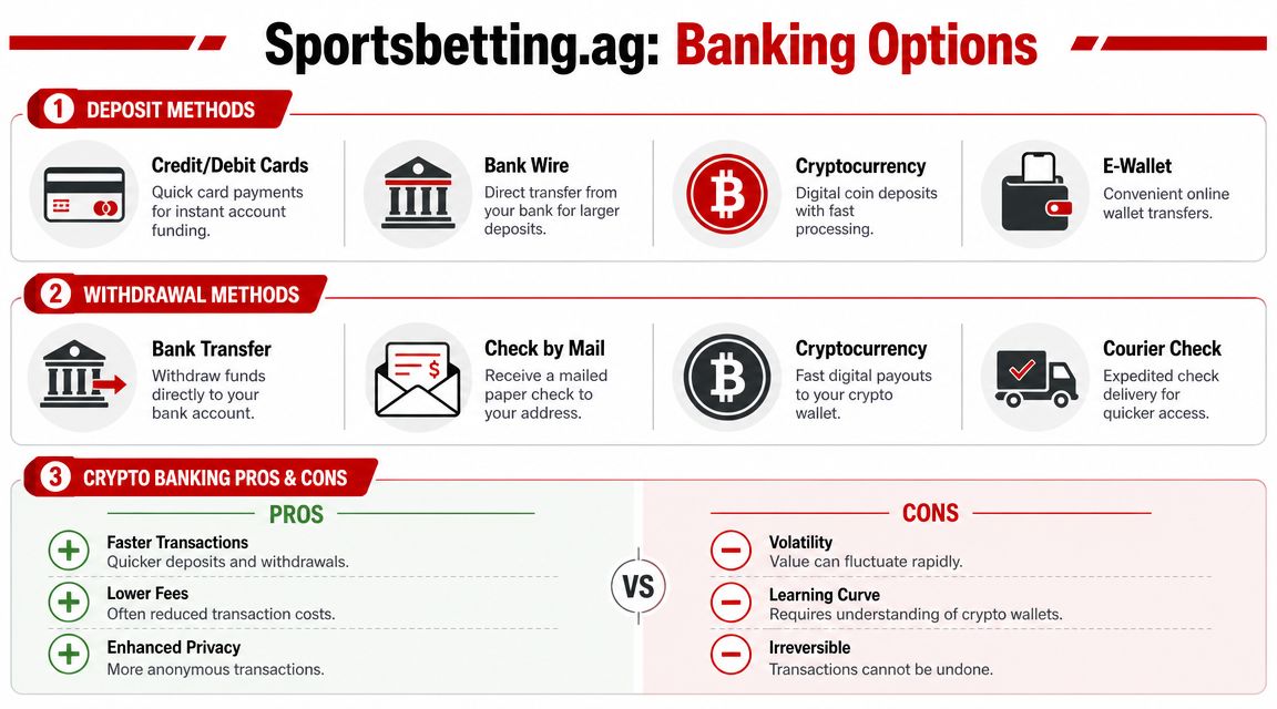 A visual guide outlining deposit and withdrawal methods and the pros and cons of using cryptocurrency for Sportsbetting.ag.