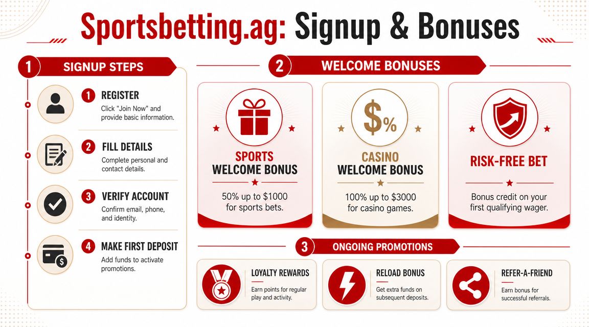 An infographic detailing the signup steps, welcome bonuses, and ongoing promotions for the Sportsbetting.ag online platform.