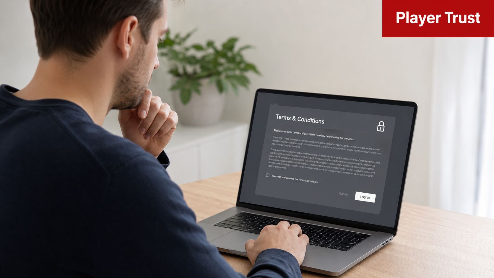 Sportsbetting.ag Reviews 2026: An Unbiased US Bettor Guide 4 A man sitting at a desk reviewing terms and conditions on his laptop screen in a modern room.