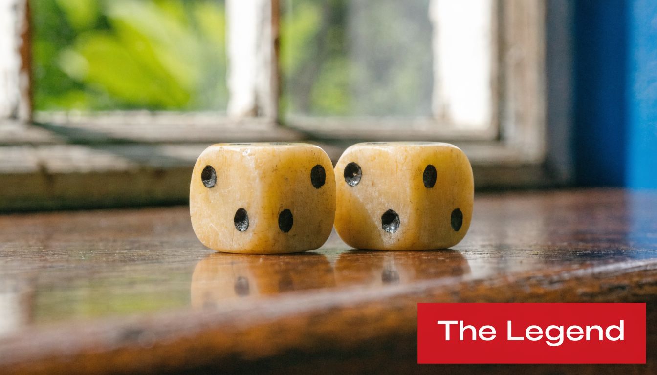 Two old, yellowish dice resting on a wooden surface in front of a window pane.