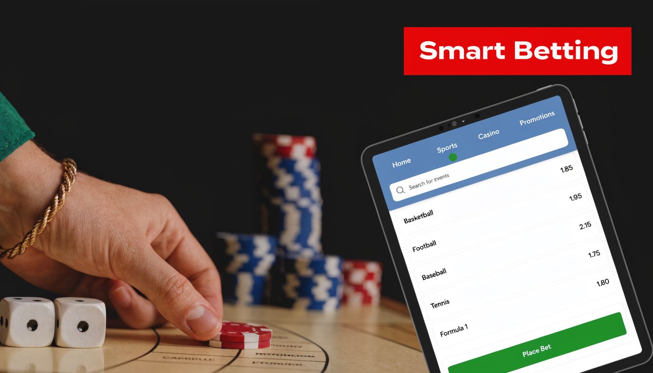 A hand placing a red betting chip on a board next to dice and a tablet showing sports bets.