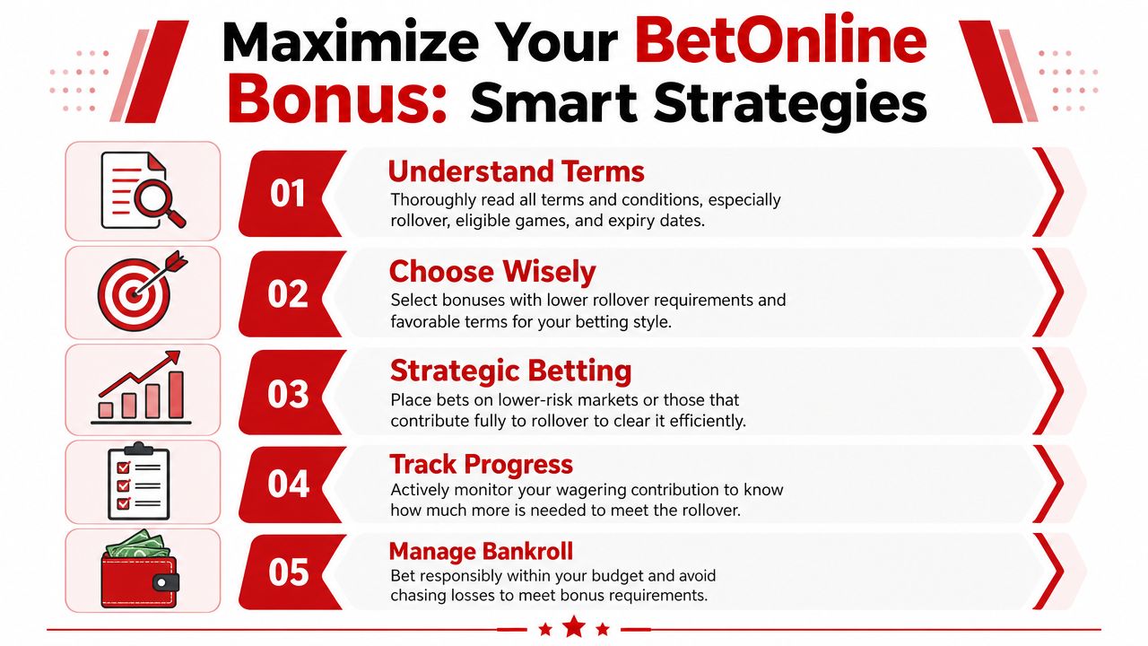 BetOnline Bonus Guide 2026: Claim Your Offer Now 4 A list of five smart strategies for maximizing your BetOnline bonus with clear icons and instructions.