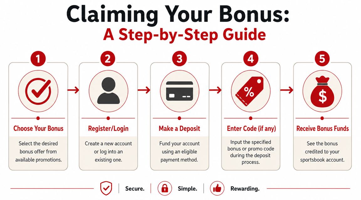 BetOnline Bonus Guide 2026: Claim Your Offer Now 2 A step-by-step guide on how to claim a sportsbook bonus, featuring five numbered icons and instructions.