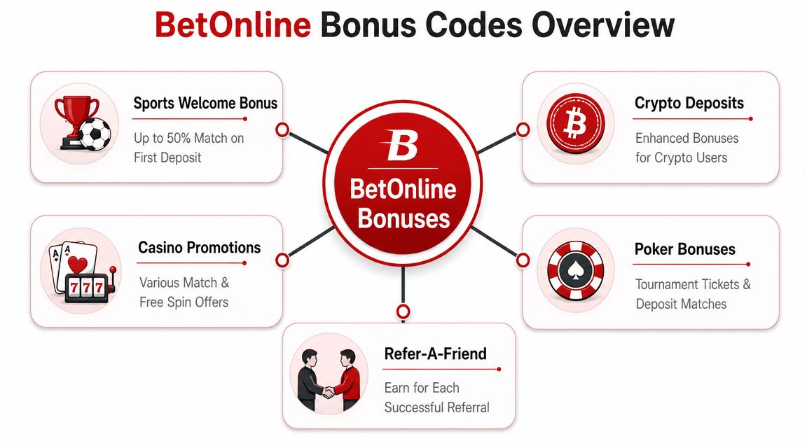 A diagram illustrating the various bonus offers available at BetOnline, including sports, casino, poker, crypto, and referrals.