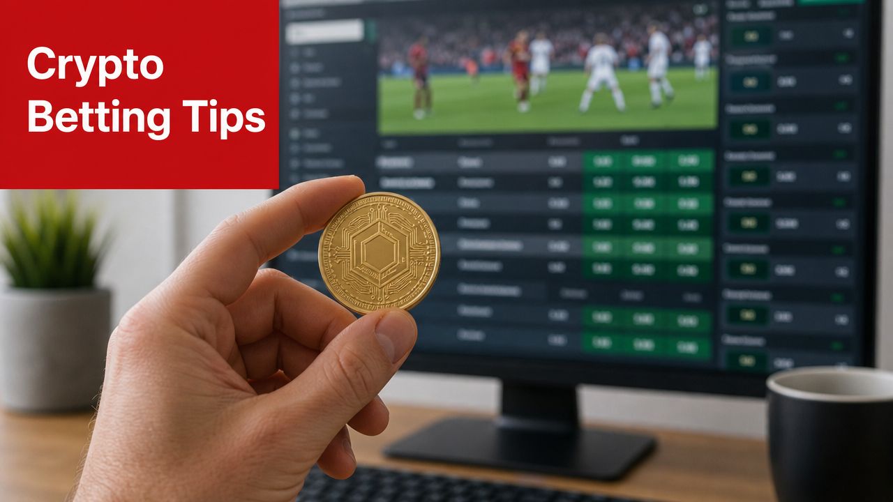 A hand holding a gold cryptocurrency coin in front of a computer screen showing sports betting odds.