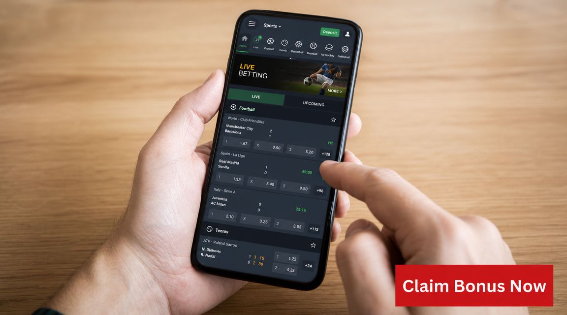 A person holding a smartphone displaying a sports betting application with live odds for various matches.