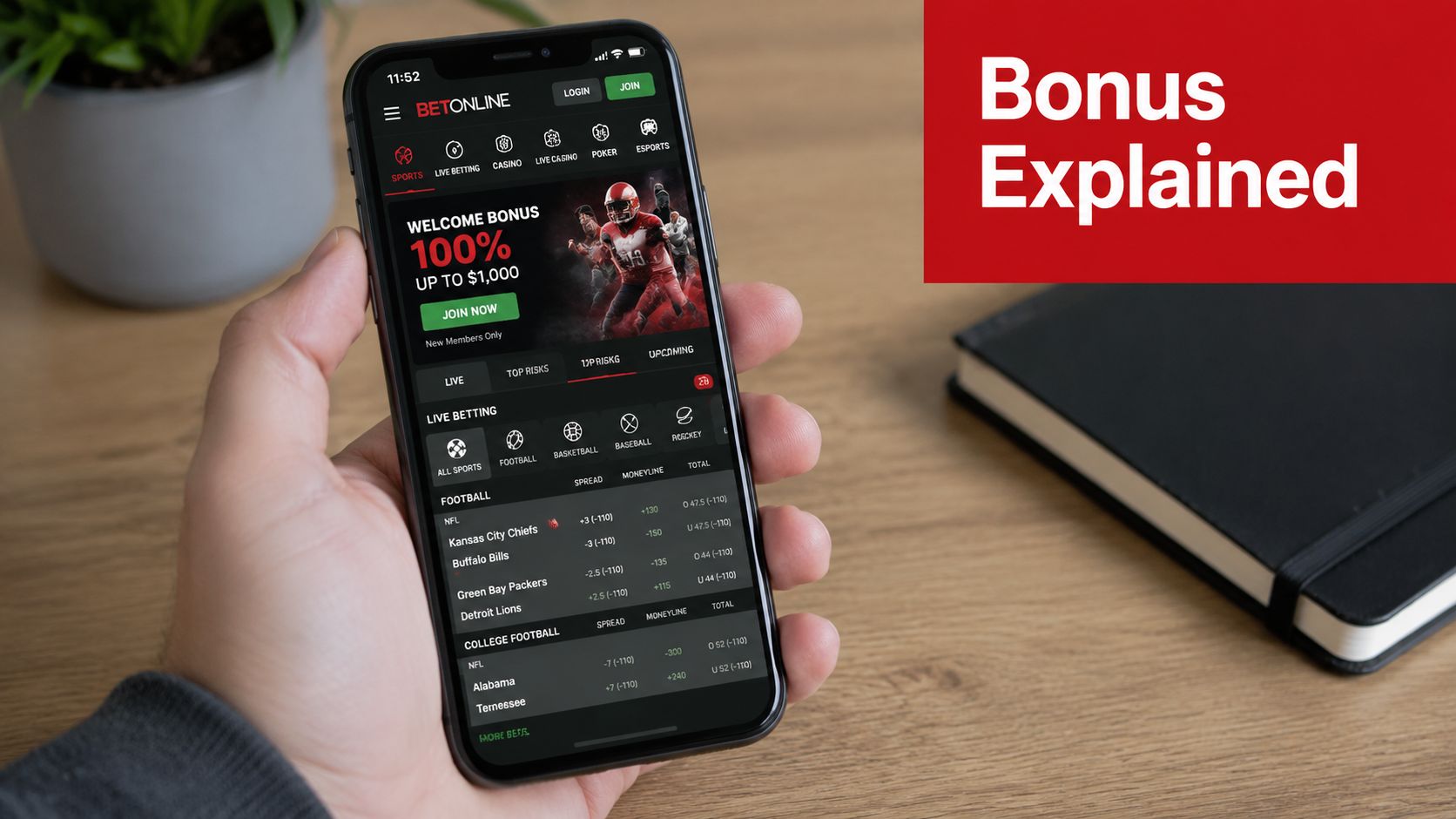 BetOnline Bonus Guide 2026: Claim Your Offer Now 1 A hand holding a smartphone displaying the BetOnline sports betting app with a welcome bonus promotion.