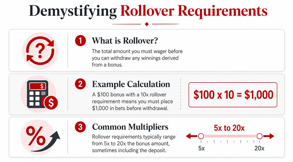 BetOnline Bonus Guide 2026: Claim Your Offer Now 3 An infographic explaining how casino bonus rollover requirements work, including calculation examples and common multiplier ranges.