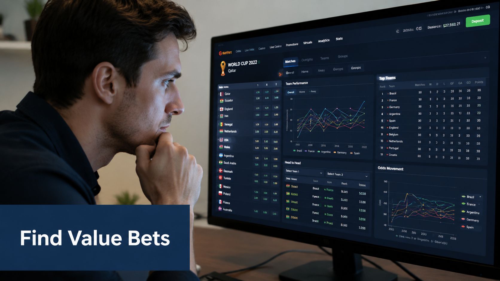 Betting Odds for World Cup 2026: Master Value & Win 4 A man intensely analyzes football World Cup betting statistics and odds on his computer screen.