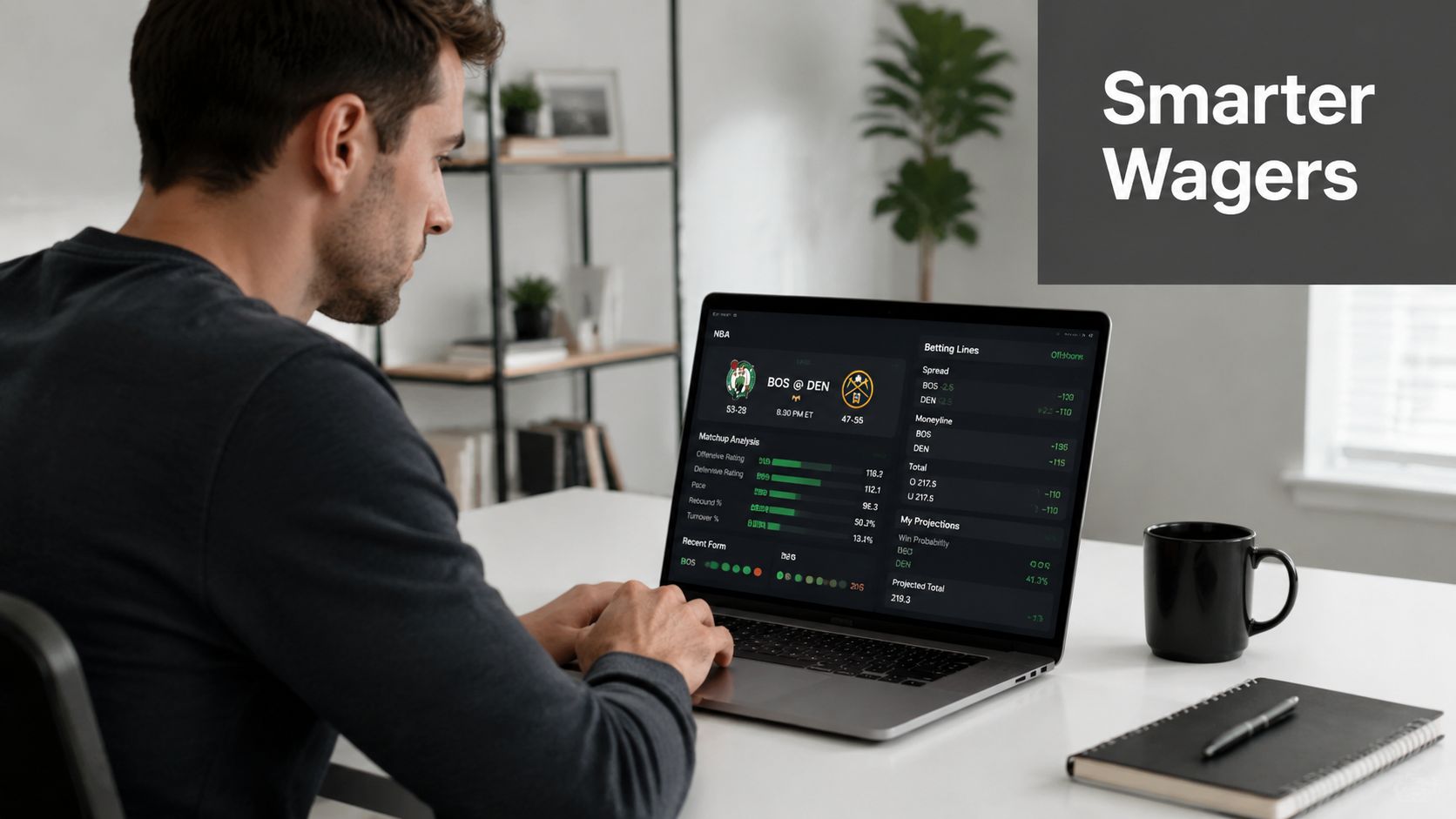 Define Against the Spread: Betting Explained 4 A man working on a laptop displaying NBA game analysis and sports betting statistics at a desk.