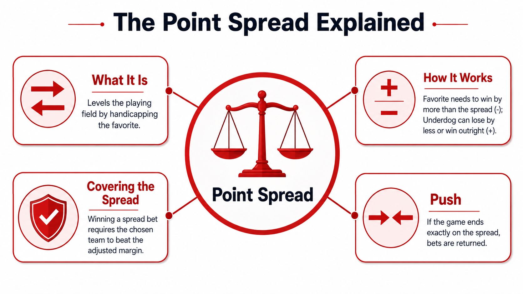 Define Against the Spread: Betting Explained 1 An infographic explaining sports betting, illustrating the concepts of point spread, covering the spread, and push outcomes.