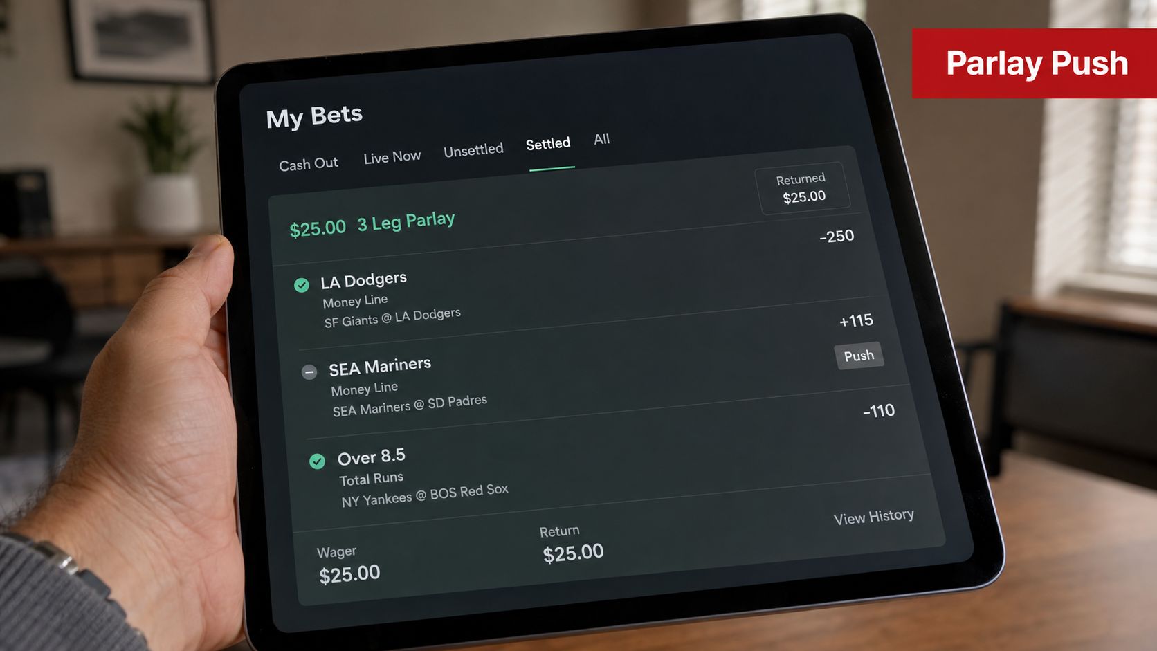 How to Calculate Parlay Odds: A US Bettor's Guide 2 A hand holding a tablet displaying a 3-leg parlay sports bet with one leg pushed.