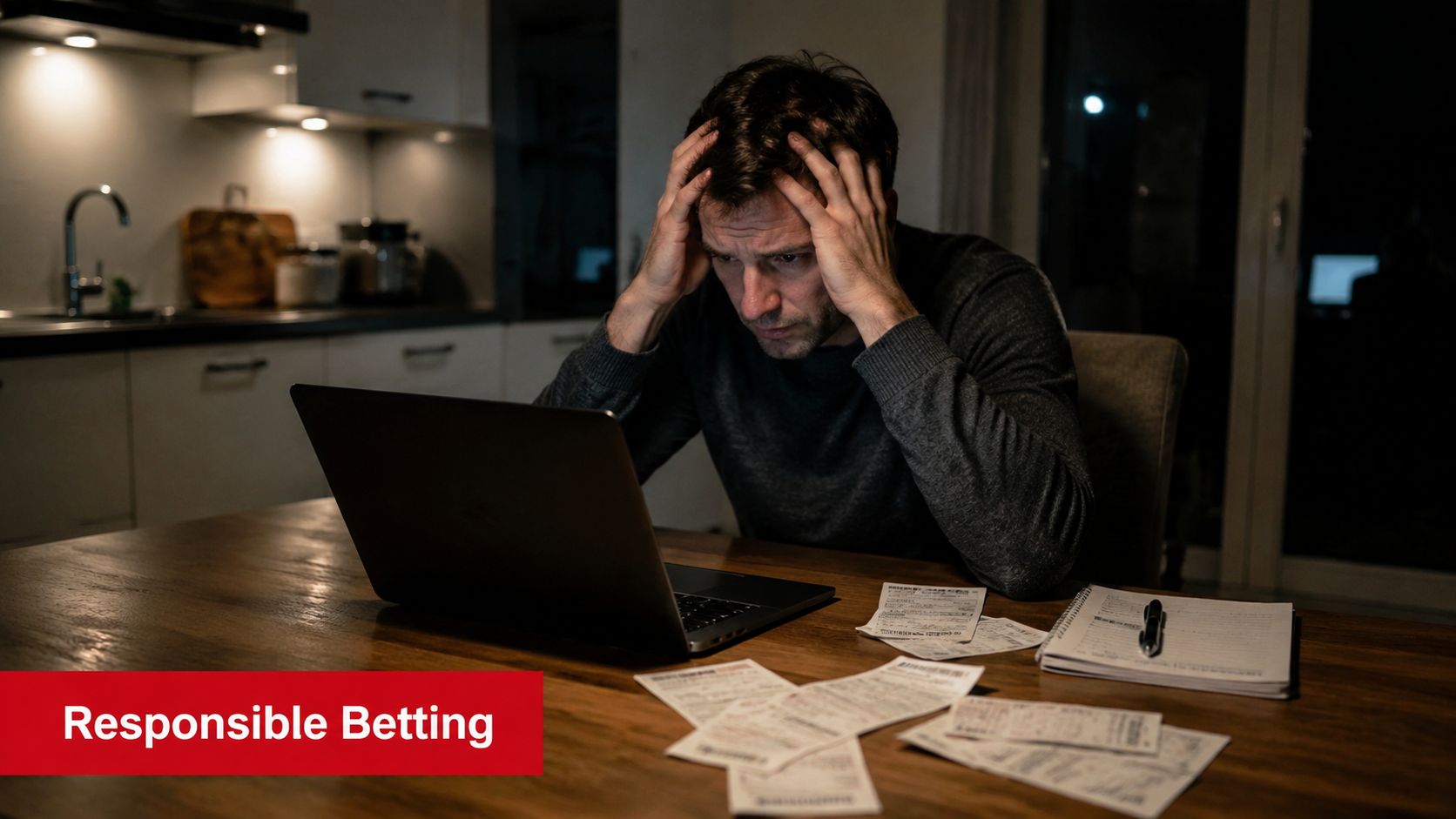 8 Best Movies About Sports Betting: High Stakes & Drama 2 A stressed man looking at a laptop computer while surrounded by gambling slips at night.