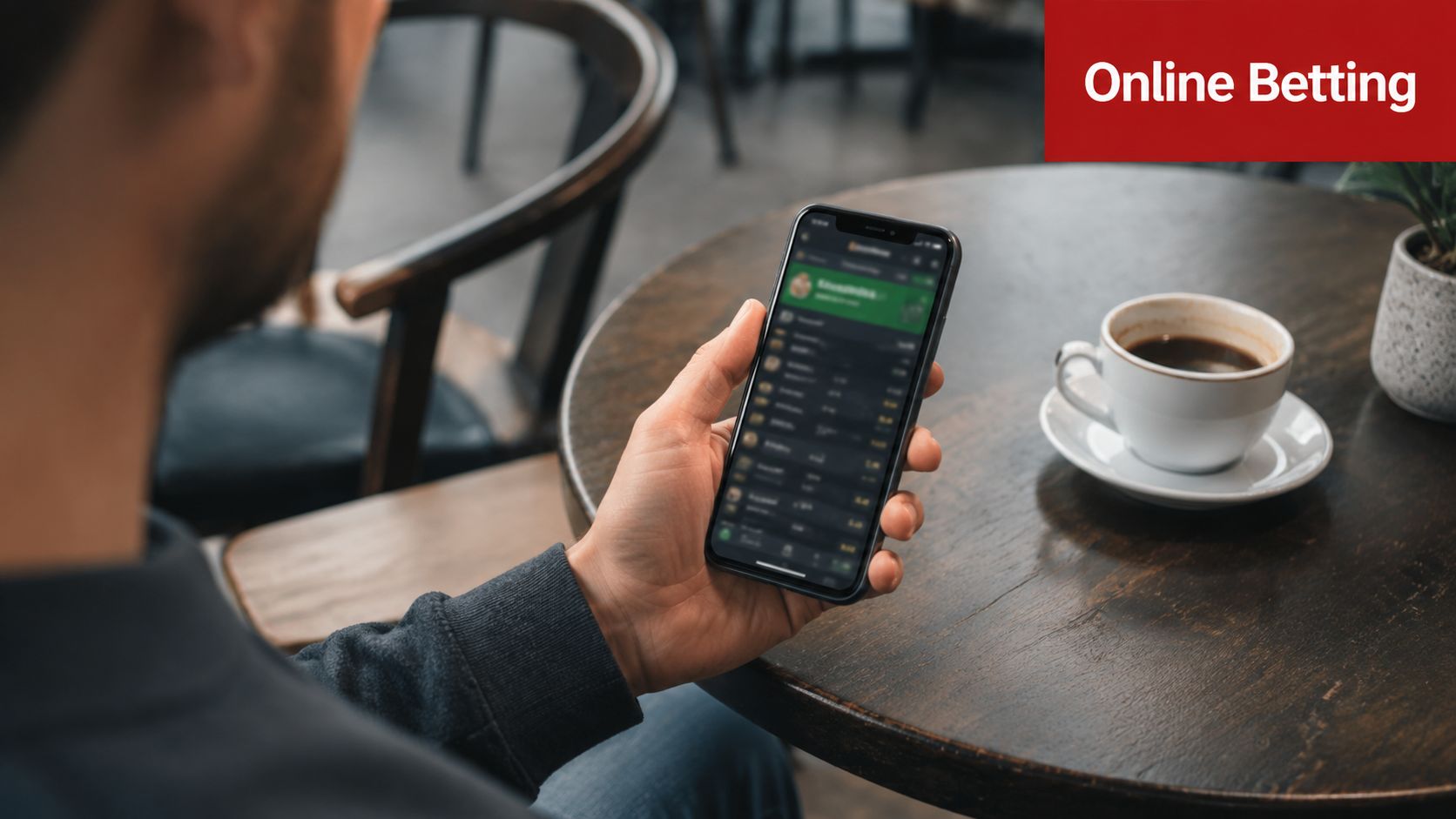 8 Best Movies About Sports Betting: High Stakes & Drama 1 A person sitting at a cafe table holding a smartphone displaying an online sports betting application interface.