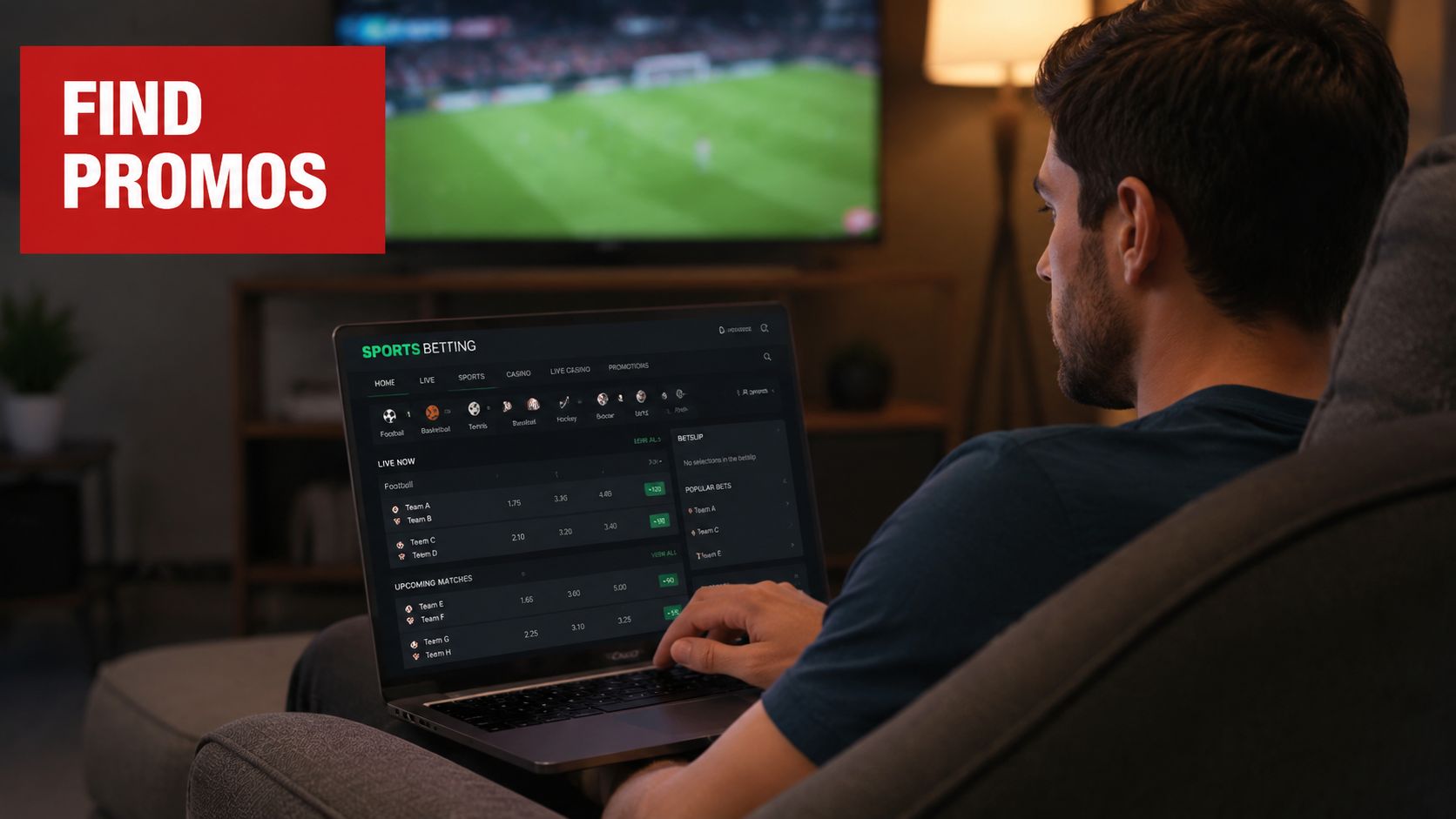 A man sitting on a couch browsing a sports betting website on his laptop while watching soccer.