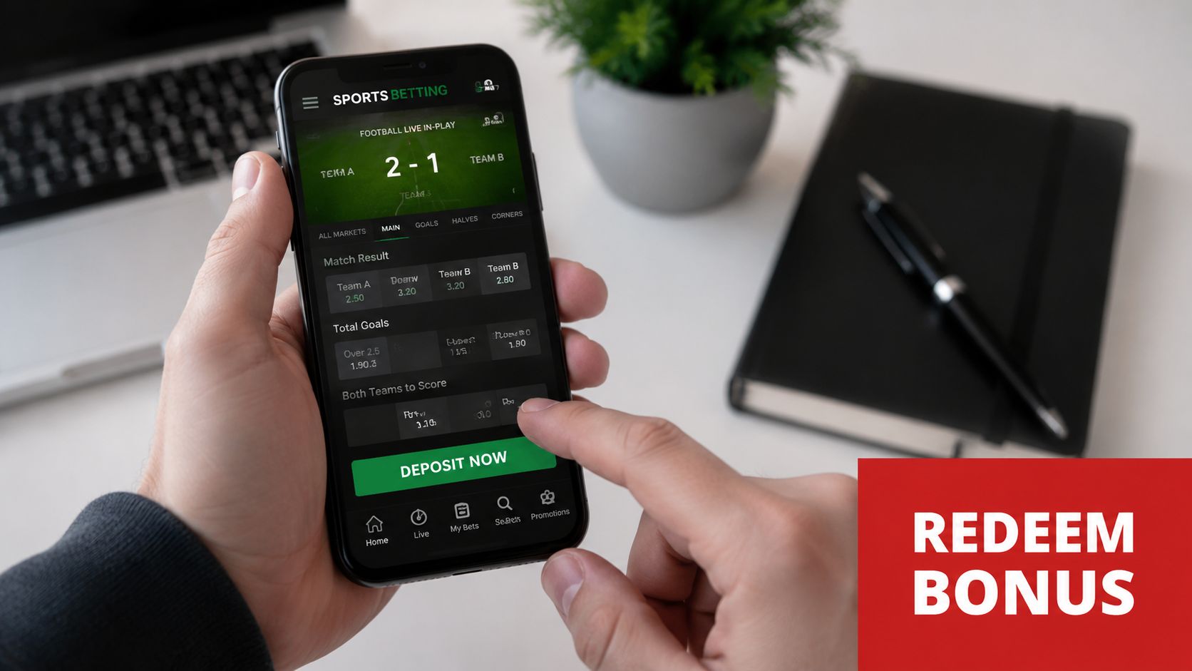 A person using a sports betting app on a smartphone to place bets on a football match.