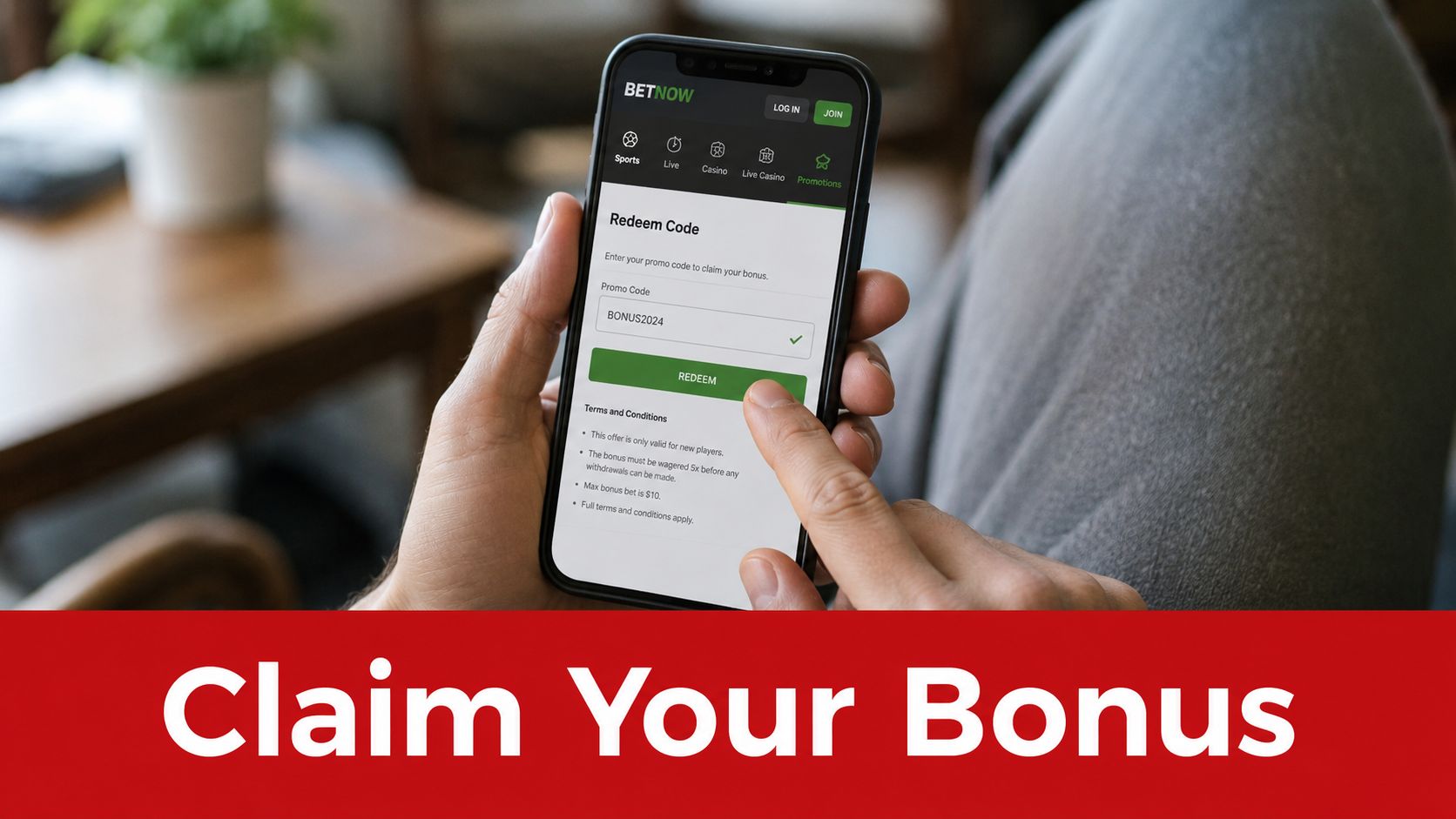 A person holding a smartphone displaying the BetNow mobile application to enter a promotional bonus code.