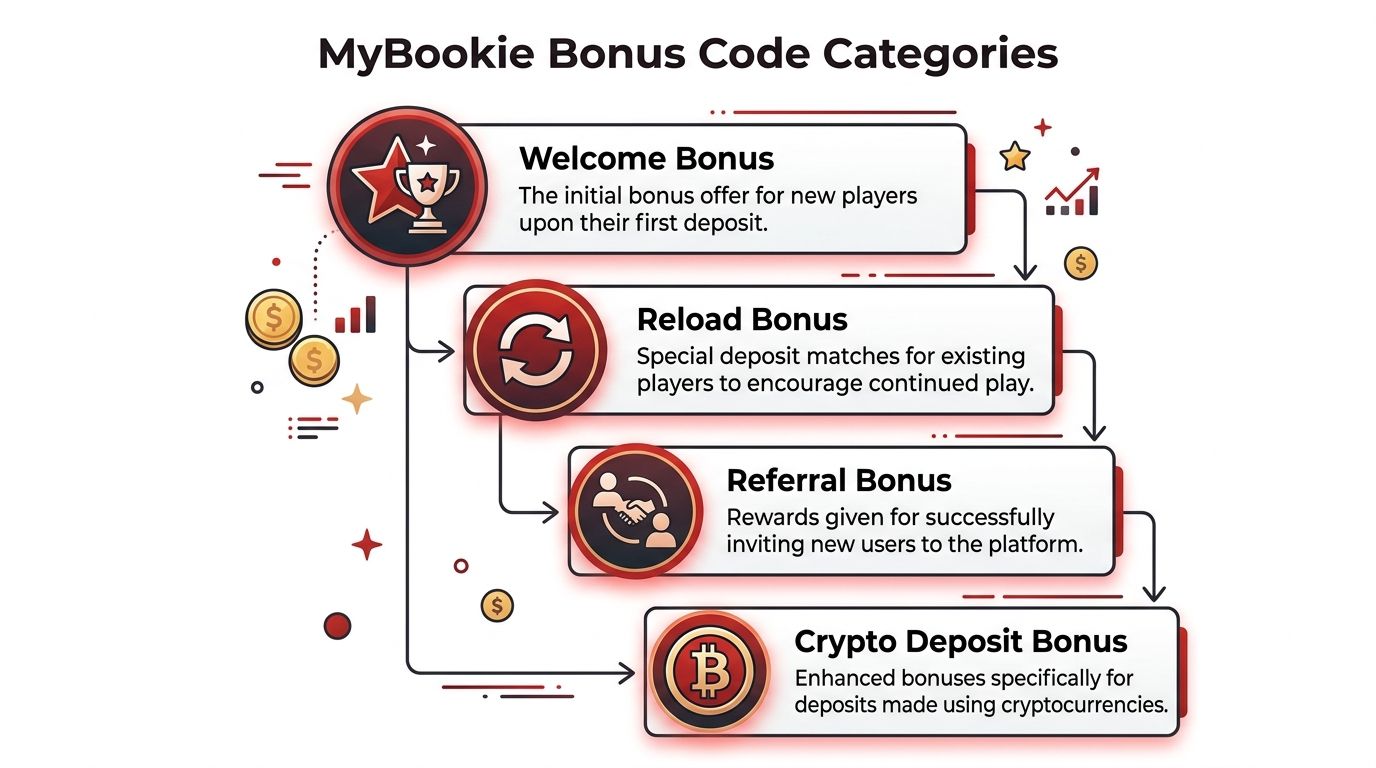 An infographic showing four categories of MyBookie bonus codes: Welcome, Reload, Referral, and Crypto Deposit bonuses.