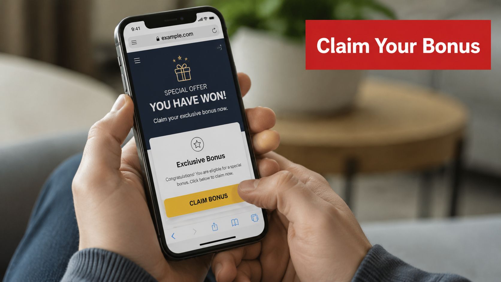 A person holding a smartphone showing a deceptive phishing website offering a fake exclusive bonus.