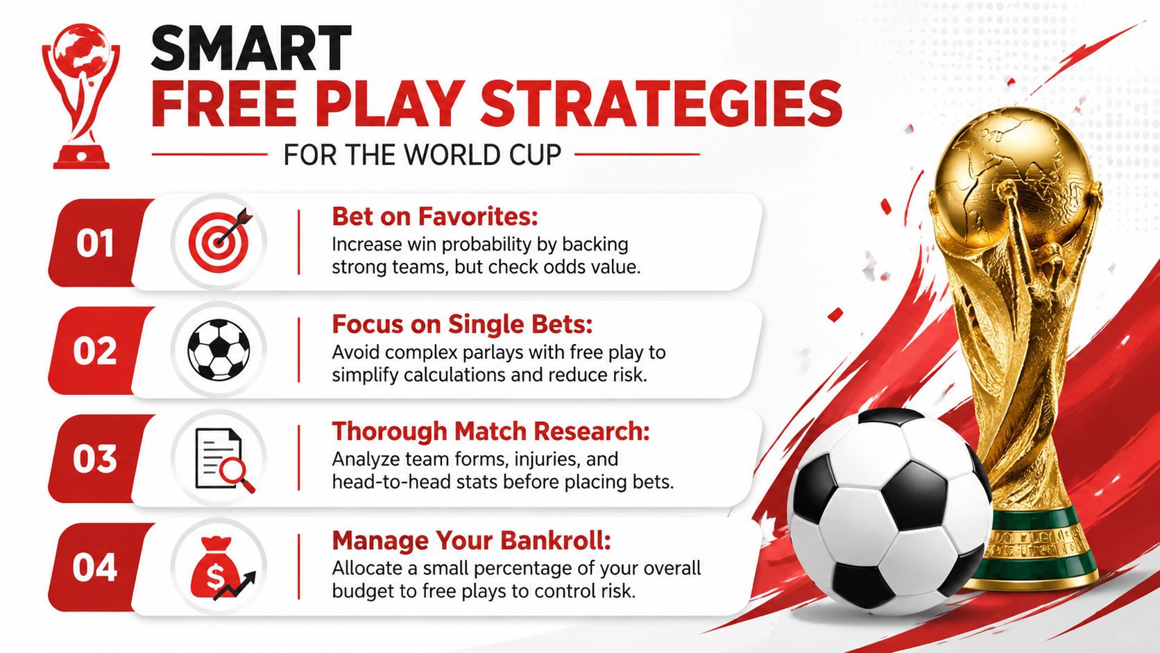 A visual guide illustrating four smart free play strategies for betting on the FIFA World Cup tournament.