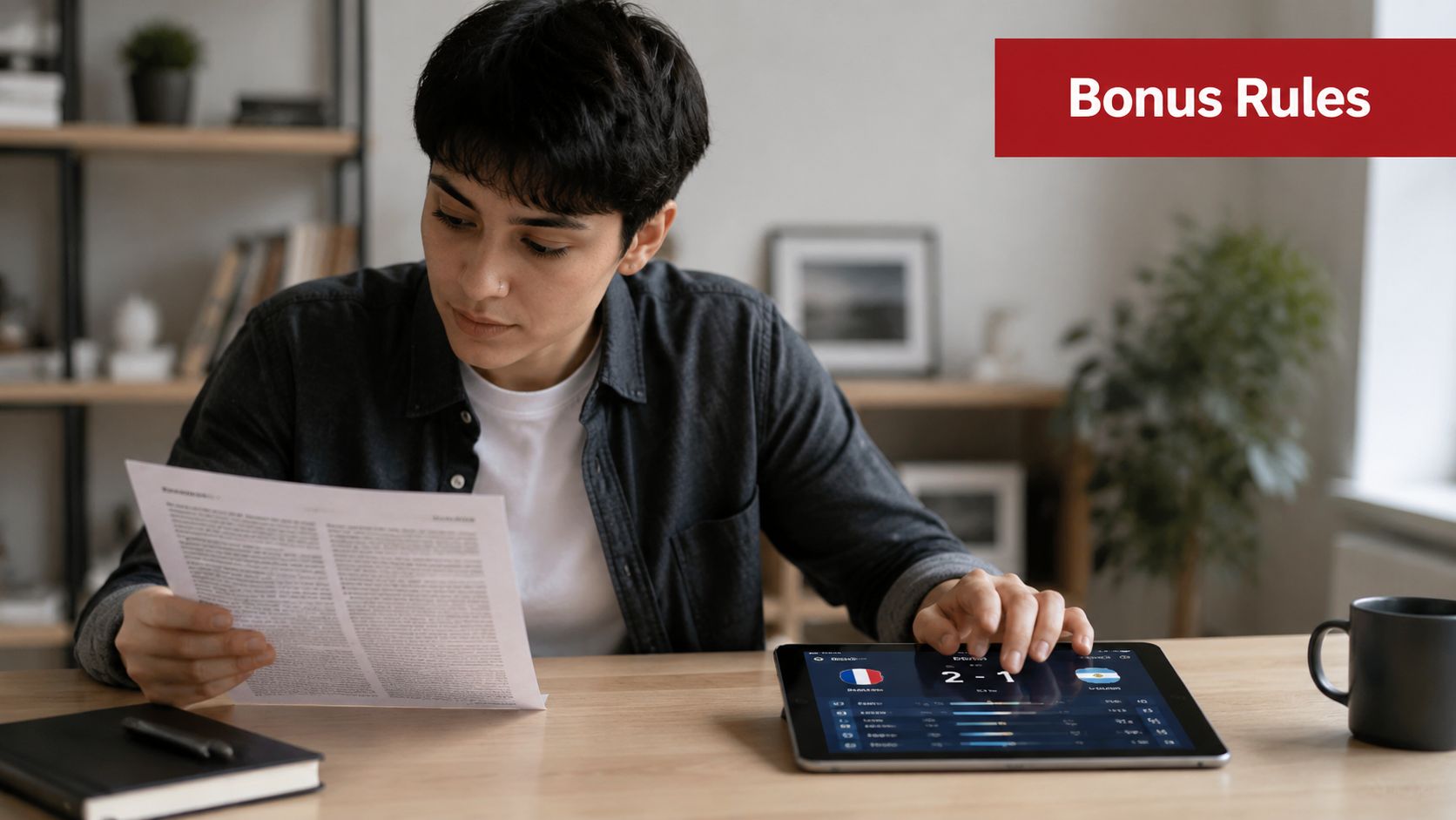 A person reading a document while using a tablet showing a soccer match score.