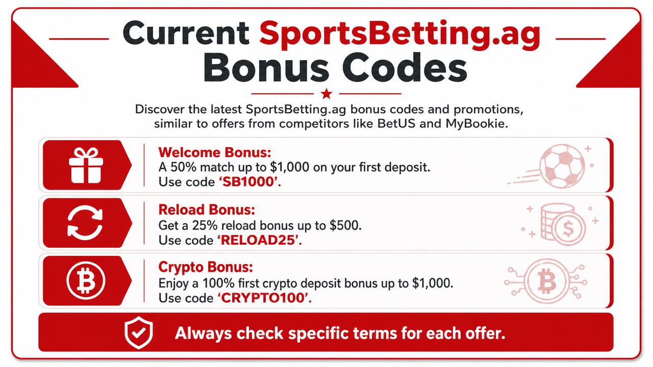 SportsBetting AG Bonus Code 2026: Claim Your Offer 1 An infographic displaying various bonus codes for SportsBetting.ag including welcome, reload, and crypto deposit offers.