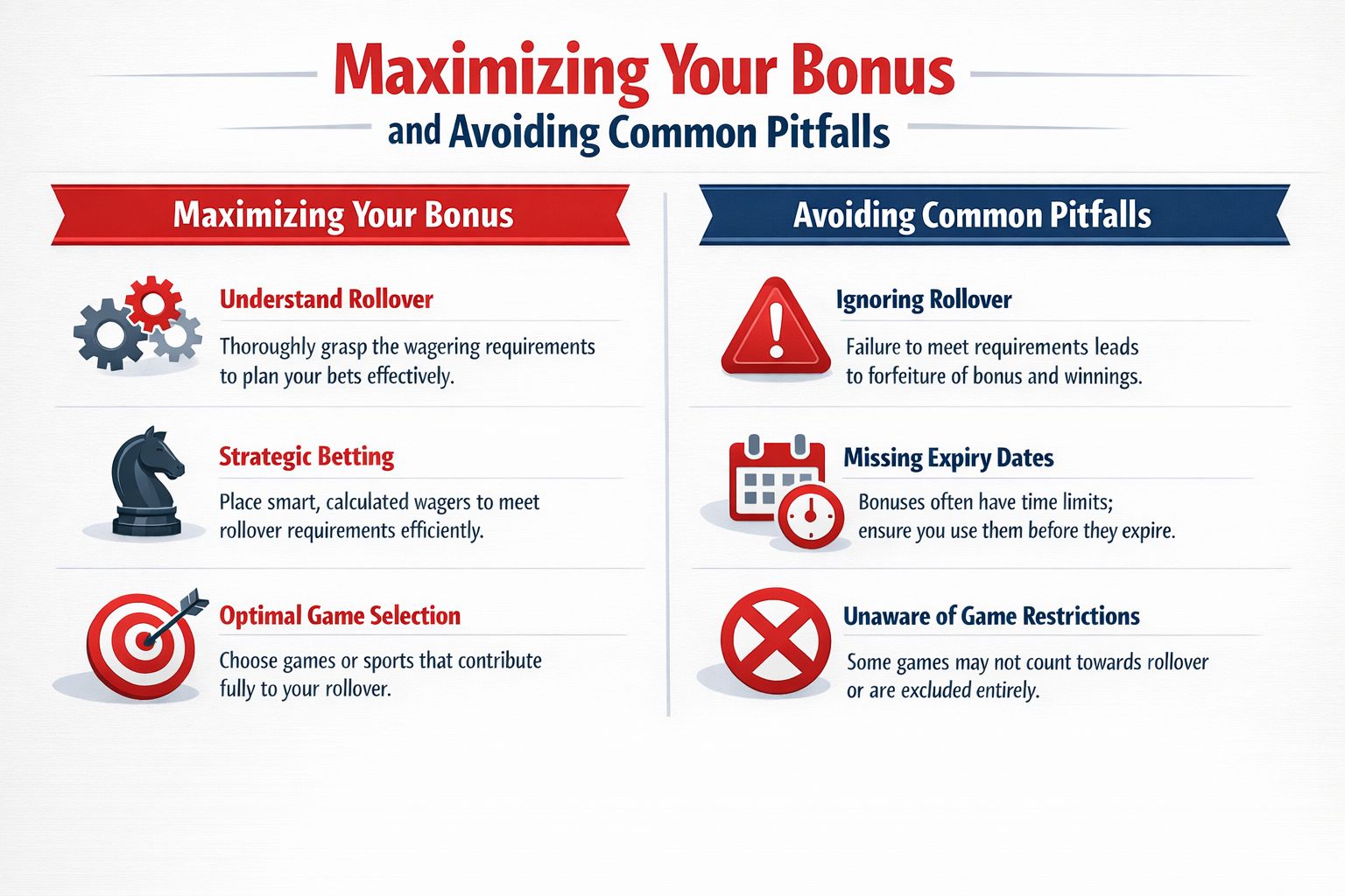 SportsBetting AG Bonus Code 2026: Claim Your Offer 3 An infographic titled Maximizing Your Bonus and Avoiding Common Pitfalls, offering advice for online sports betting.