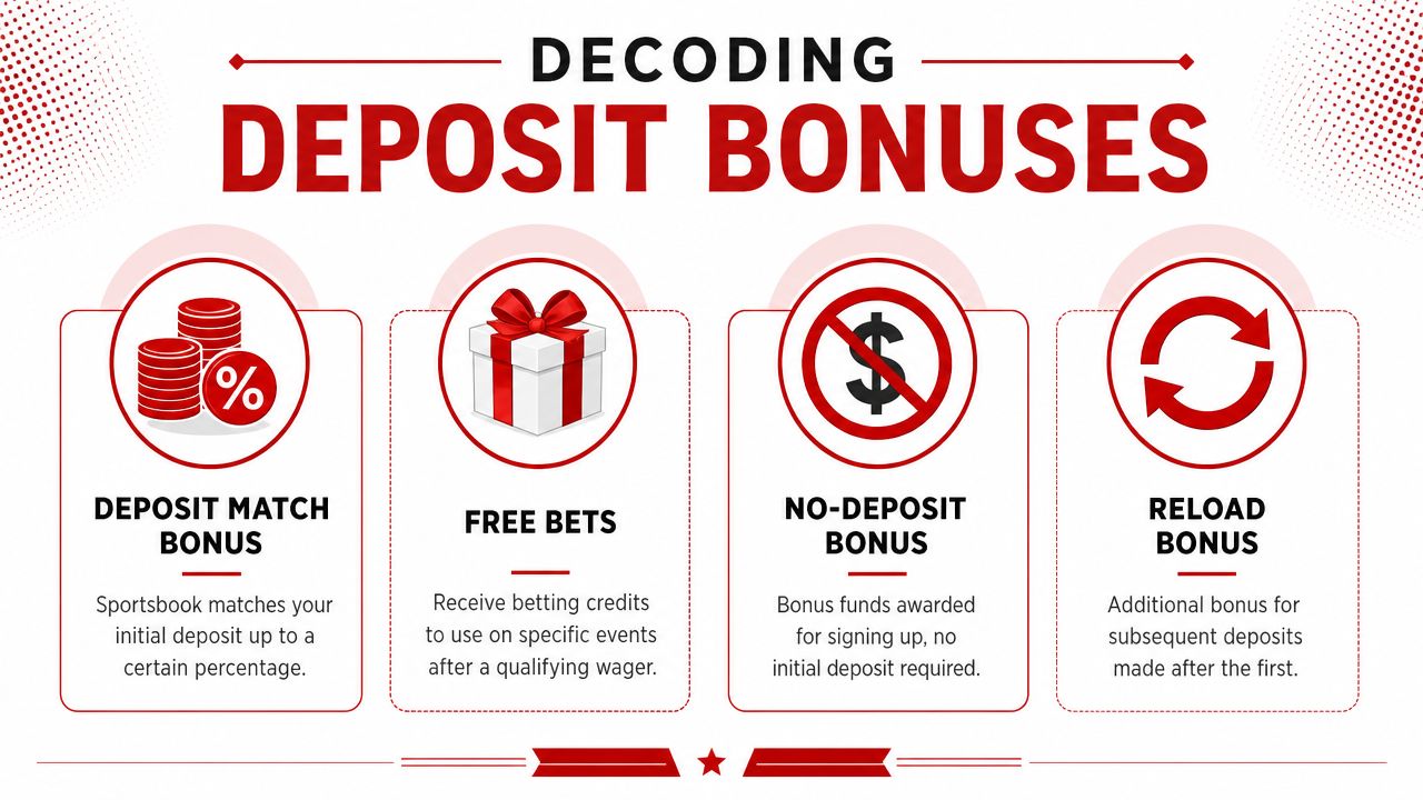 An infographic titled Decoding Deposit Bonuses explaining four common types of sportsbook bonuses with simple icons.