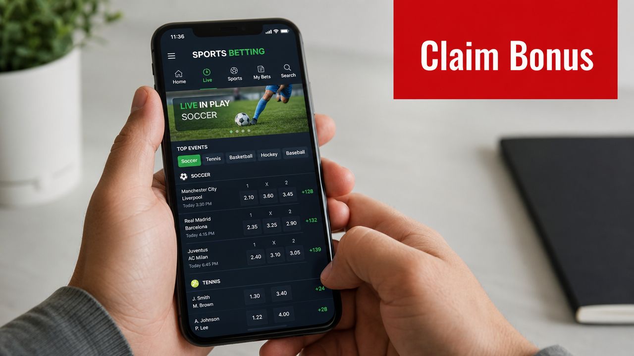 A person holding a smartphone displaying a sports betting application with live soccer and tennis match odds.