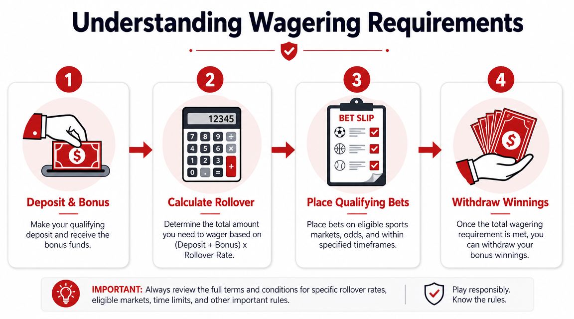 A four-step infographic explaining how sports betting wagering requirements and bonus rollovers work for new players.