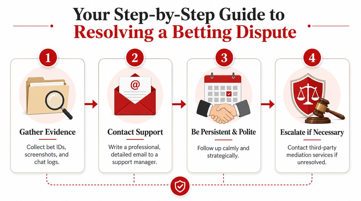 A Bettor's Guide to Sportsbook Customer Service 4 An infographic titled Step-by-Step Guide to Resolving a Betting Dispute, outlining four sequential steps with icons.