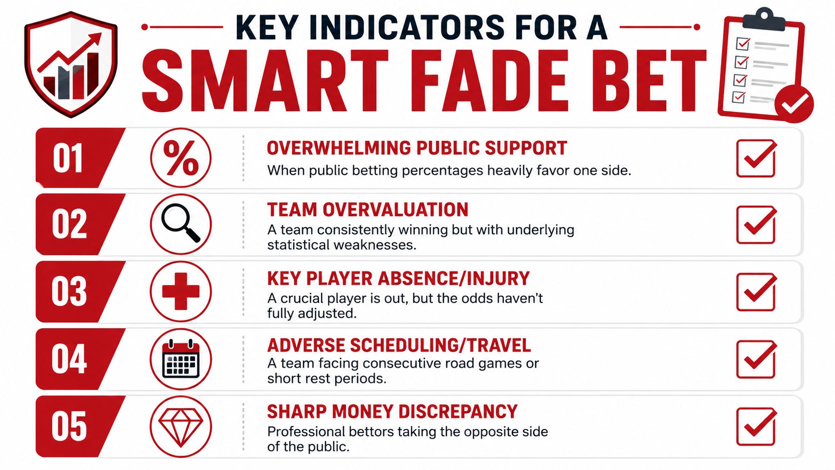 What Does Fade Mean in Betting? a Strategic Guide 3 An infographic listing five key indicators to look for when placing a smart fade bet in sports.