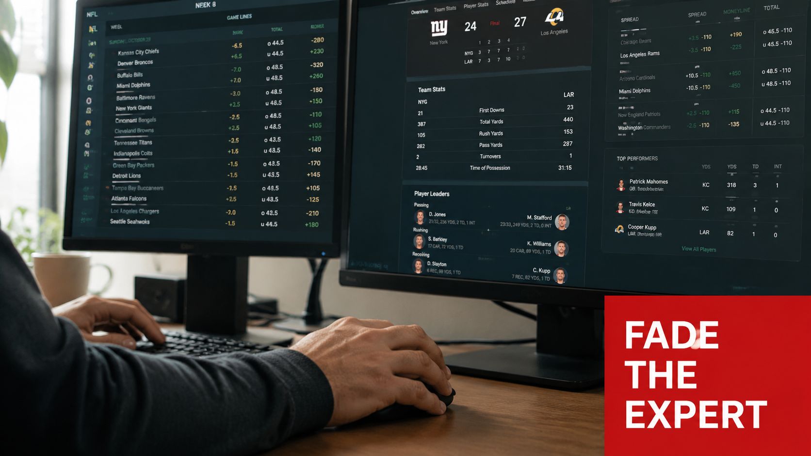 What Does Fade Mean in Betting? a Strategic Guide 4 A person using a computer to view NFL game lines and sports betting statistics on two monitors.