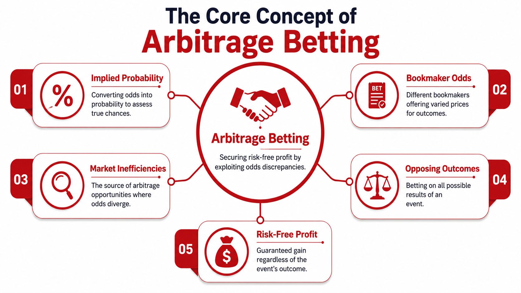 A visual infographic explaining the core concept of arbitrage betting through five key components.